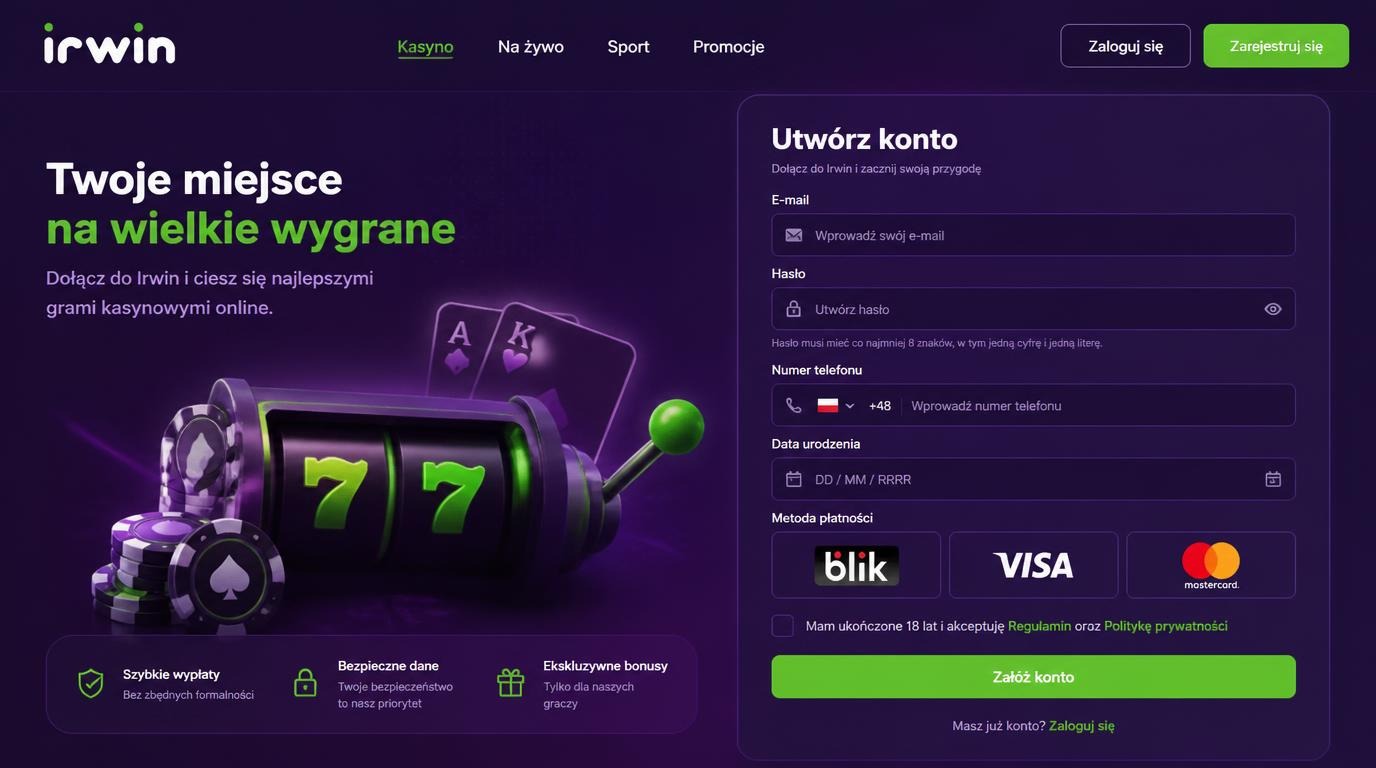 Interfejs formularza rejestracji dla gracza z Polski z oceną danych osobowych