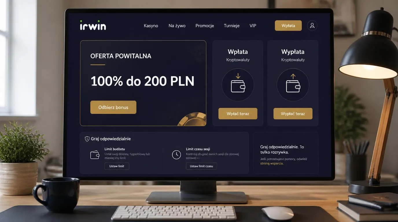 Panel oferty powitalnej 100% do 200 PLN obok opcji wpłat i wypłat w kryptowalutach