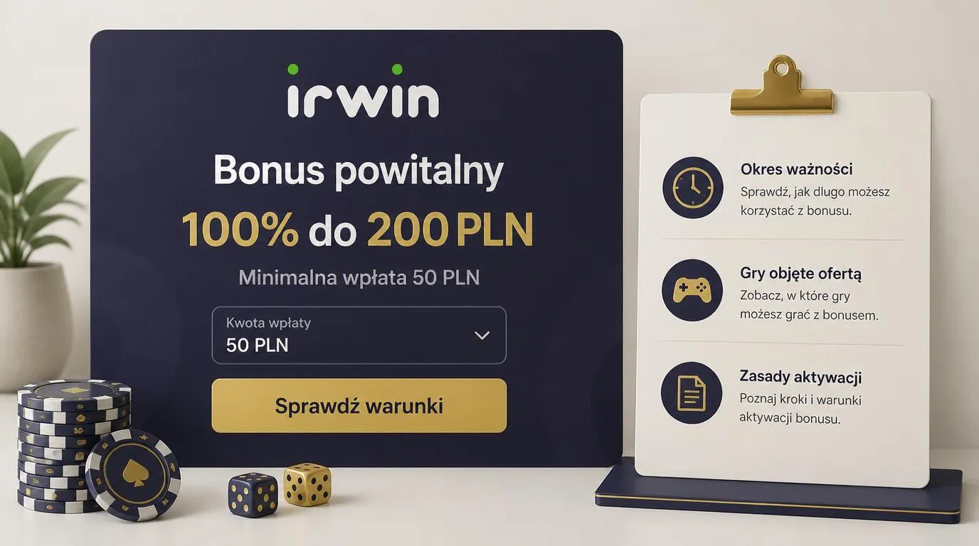 Panel bonusu powitalnego 100% do 200 PLN z minimalną wpłatą 50 PLN i przyciskiem sprawdzenia warunków