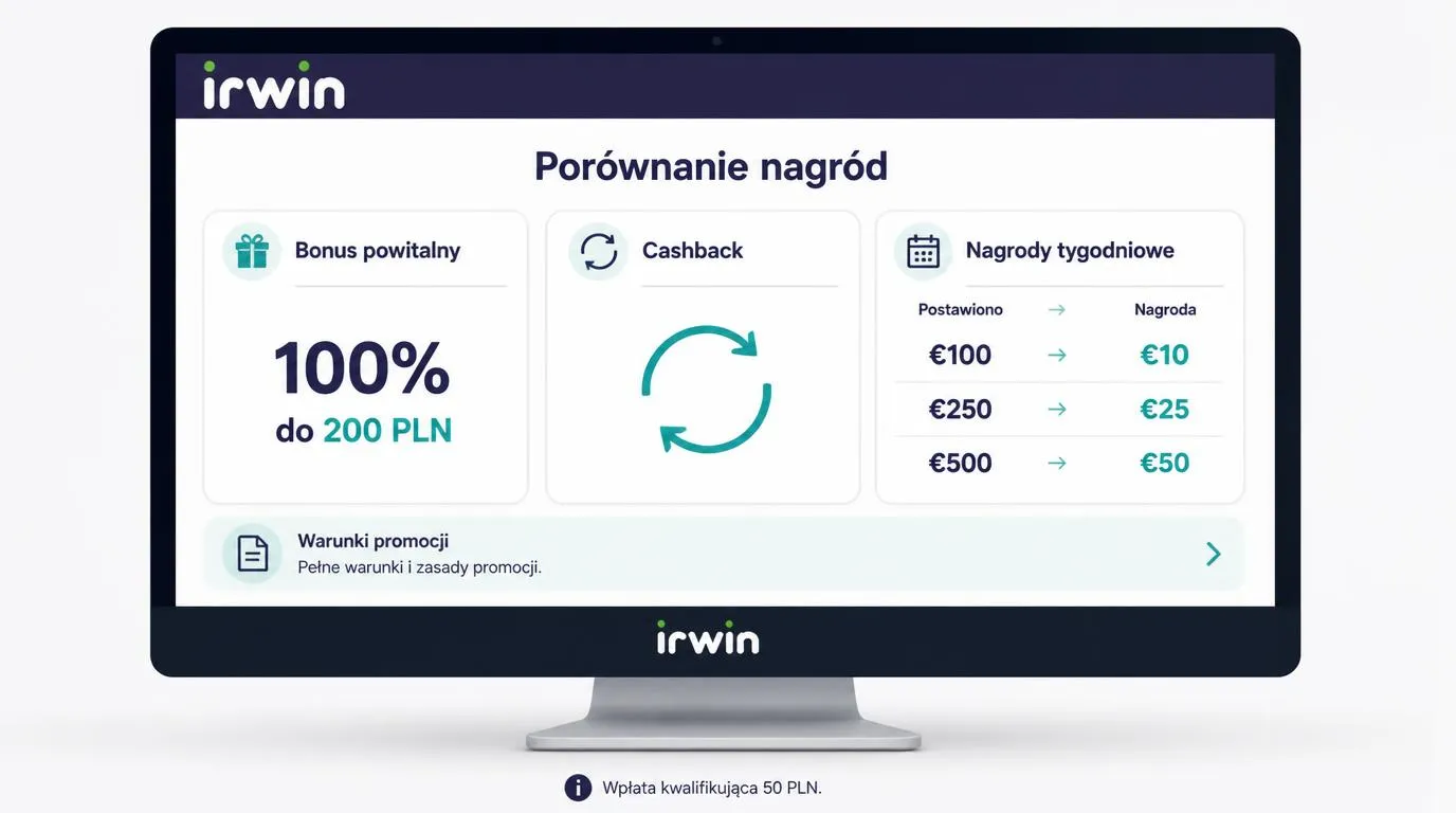 Schemat ofert kasynowych z bonusem 100% do 200 PLN i progami tygodniowych nagród w euro