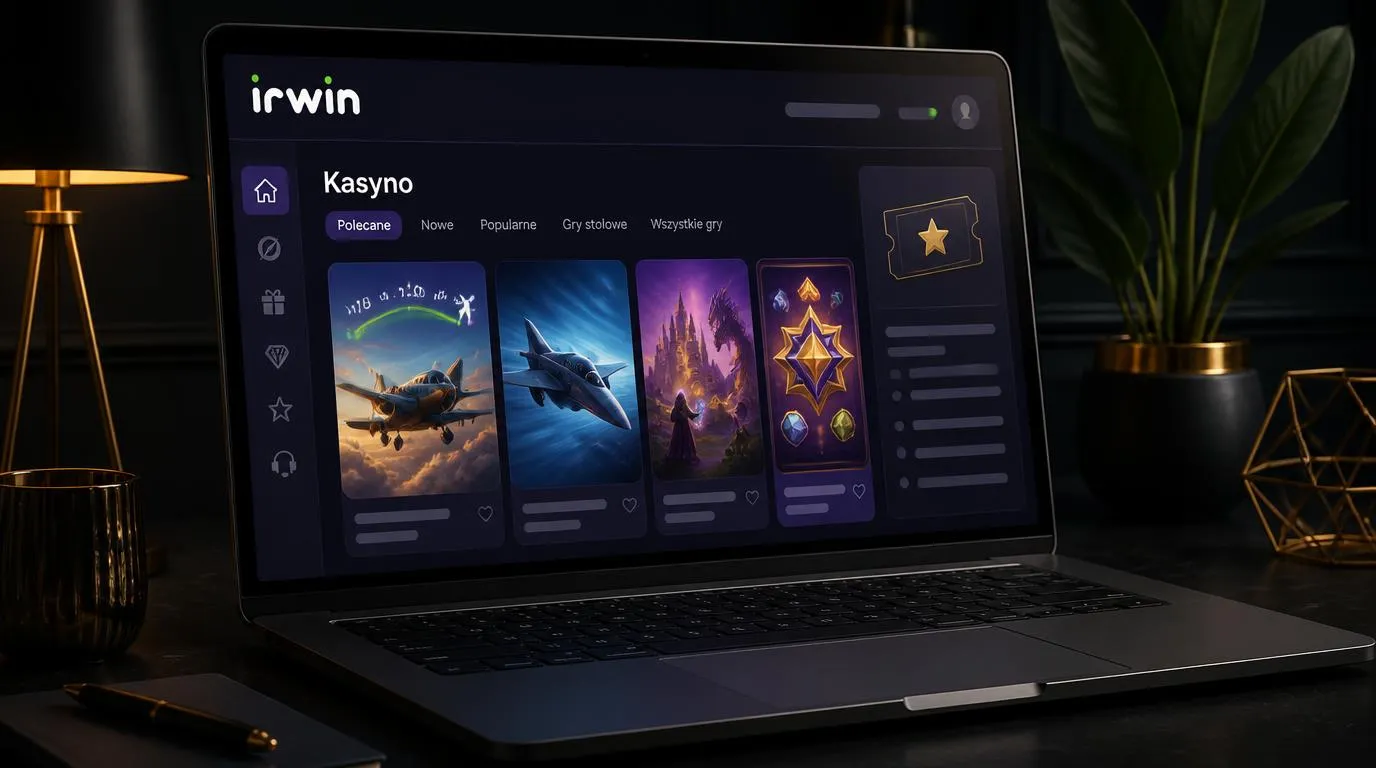 Laptop z uporządkowanym katalogiem gier kasynowych i panelem warunków promocji na eleganckim biurku